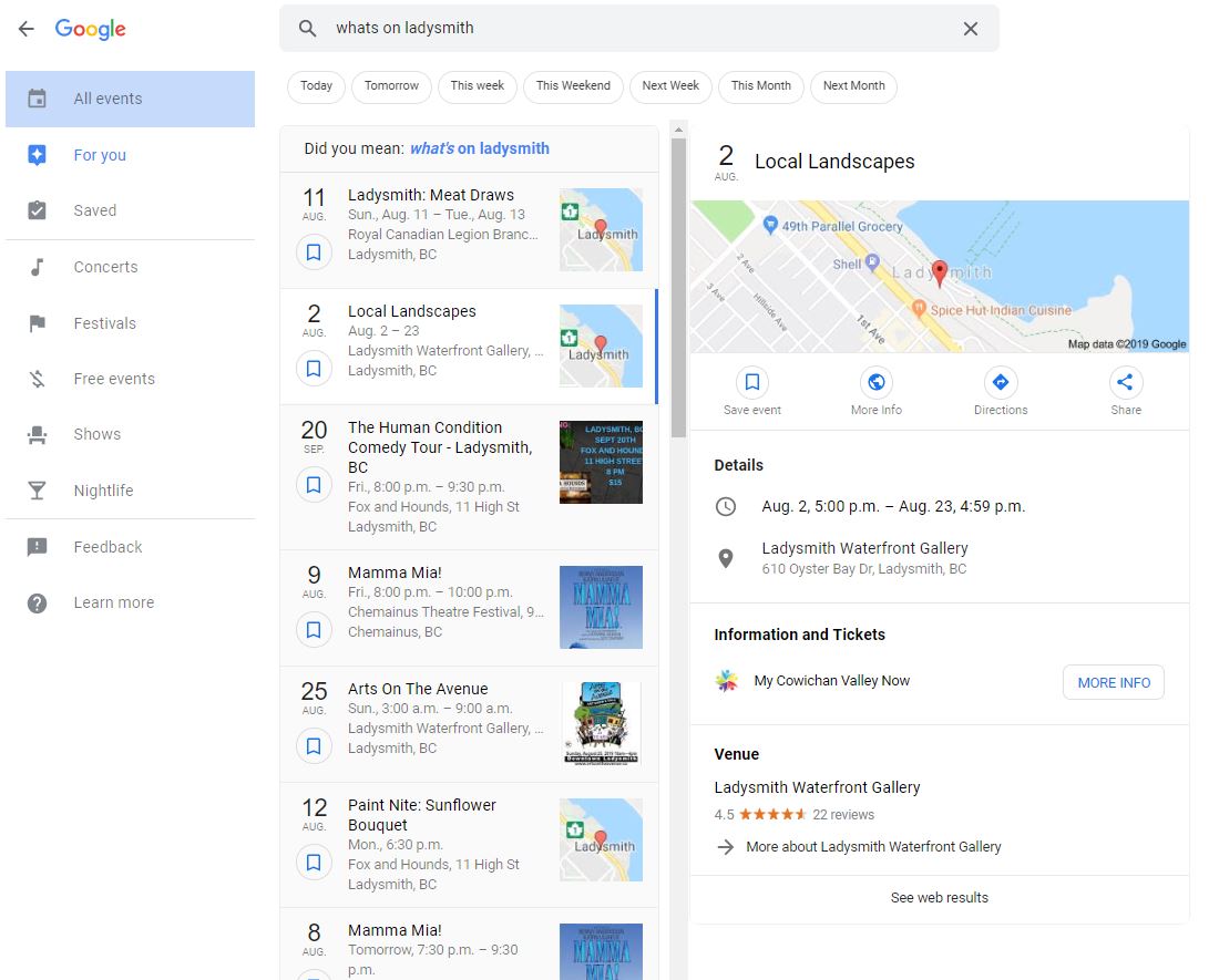 Ladysmith Google Events listing